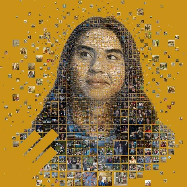 Portrait of a woman's face created from small photos, arranged on a yellow background. The subject has dark hair and a neutral expression.